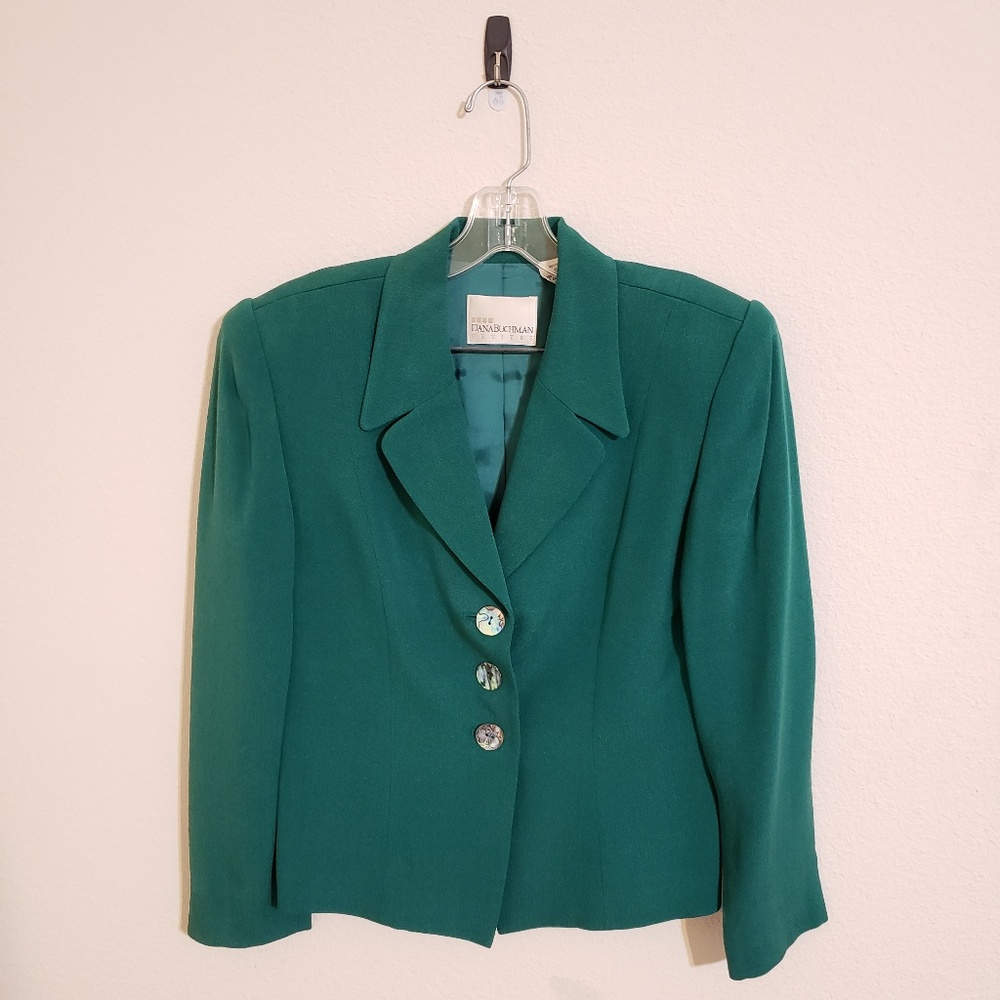 Dana Buchman Teal Green Vintage Silk Blazer Jacket